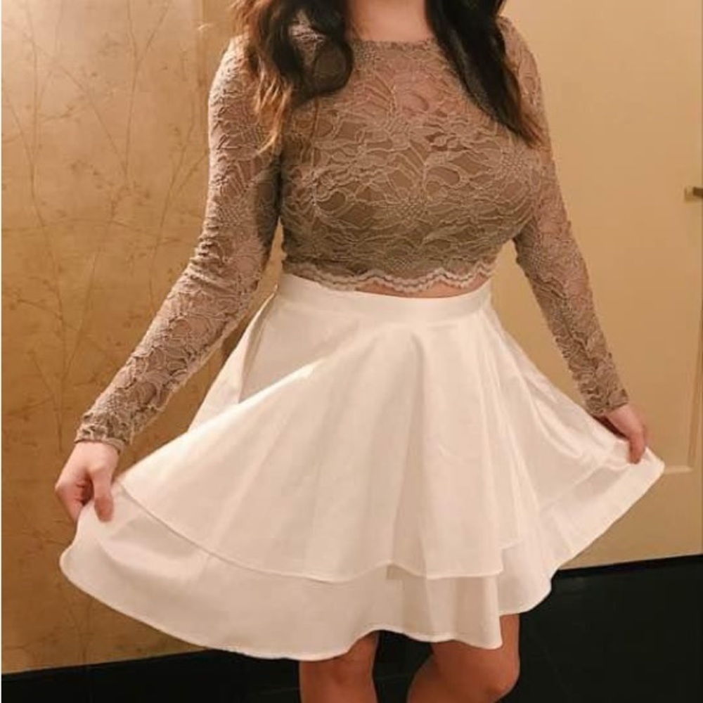 2-Pc. lace Crop Top  Gold & Tiered  Cream Skirt- Size 7